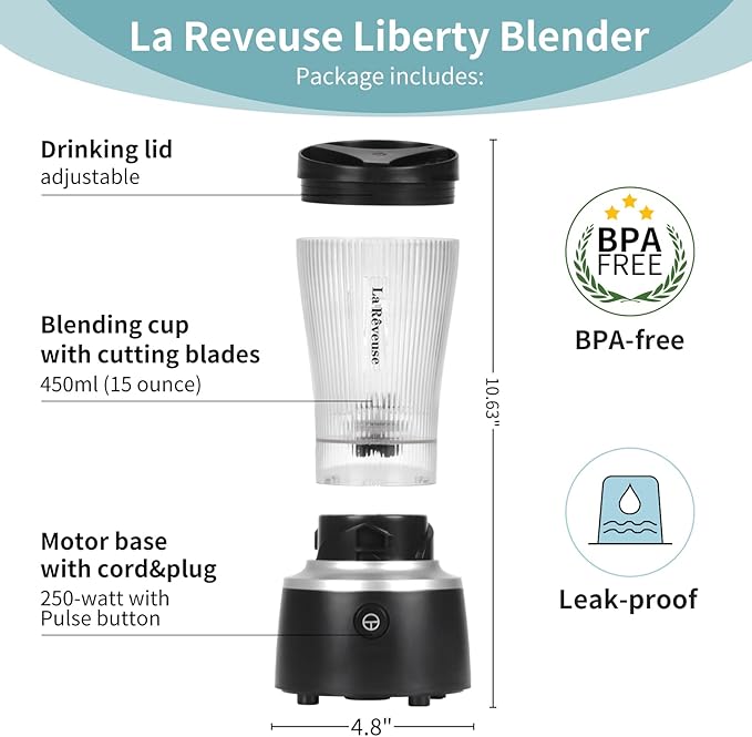 La Reveuse Personal Size Blender 250 Watts Power for Shakes Smoothies Seasonings Sauces with 15 oz Portable To Go Cup,BPA-Free