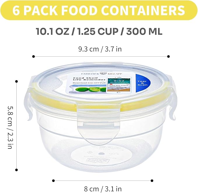 KIGI Small Plastic Bowls with Lid, Leakproof Round Food Storage Container Set for Meal Prep, Snack & Lunch, 4-Sided Locking Lid, Airtight, 10 oz / 1.25 Cup, 12 Piece Set