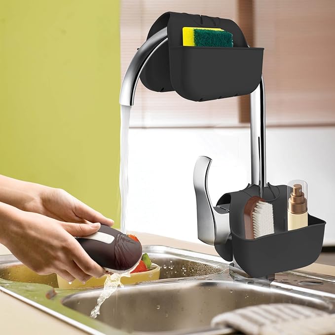 Sponge Holder for Kitchen Sink, Silicone Sink Saddle Caddy Organizer Rack, Sponges Holder Over Faucet, Hanging Kitchen Organizer Accessories Rack Basket Black