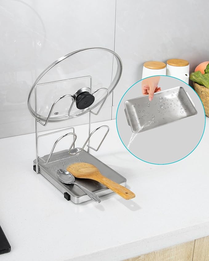 YQh pot lid holder,Two-compartment Stainless Steelcooking rack,pot lid holder while cooking,spoon rest with lid holder,spatula holder for counter,stove top shelf spoon and lid rest,pot lid organizer
