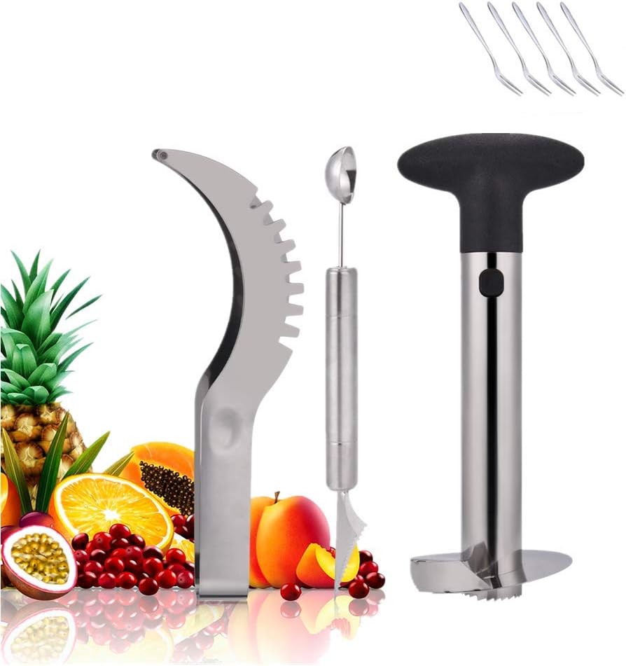 Pineapple Corer, Stainless Steel Fruit Slicer Set -Pineapple Corer and Slicer, Watermelon Slicer Cutter,Melon Baller Scoop 5 pack fruit fork - Creative Kitchen Slicing Kit