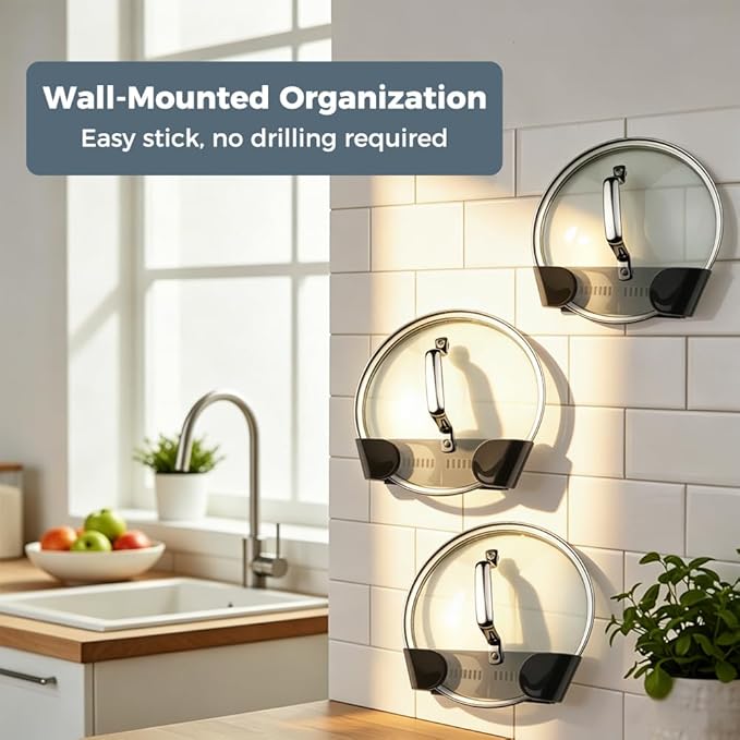 Universal Pot Lid Holder Organizer, 4 Pack Adjustable ABS Rack for Cabinet or Wall Mount, No Drill Extendable Holder for Pan Lids and Cutting Boards，Fits 6" to 13"