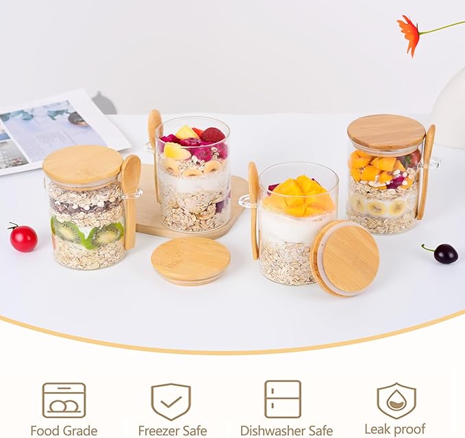 Overnight Oats Containers with Lids and Spoon [Thickened Version], Glass Jars with Bamboo Lids, 4 Pack 18 ozOatmeal and Salad Meal Prep Containers,Chia Seed Pudding Jars