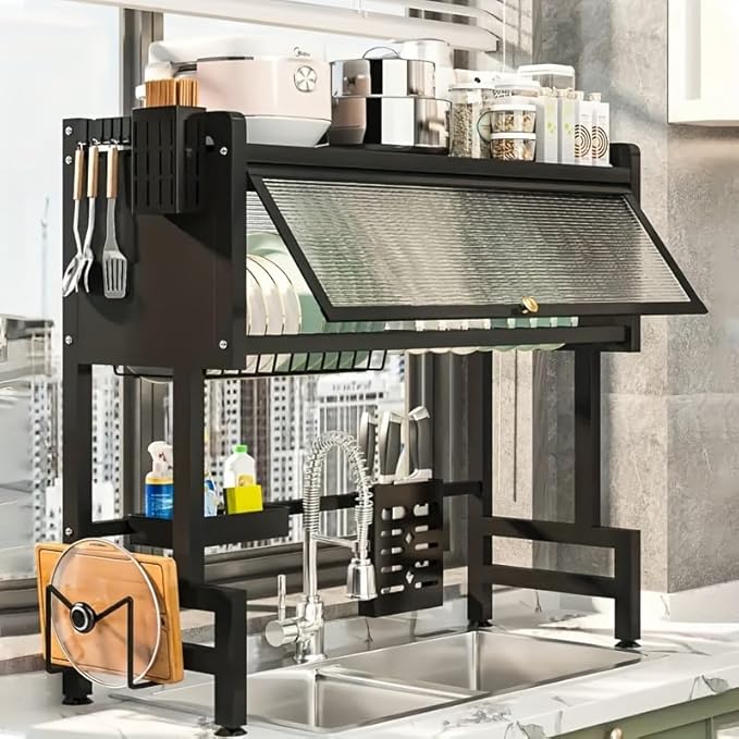 Over The Sink Dish Drying Rack, Over Sink Dish Drain Drying Rack for Kitchen Storage of Dishes and Cutlery, Space Saving Dish Rack with Cover, (Black, 33.5 inch)