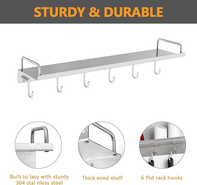 Audmore Kitchen Utensil Rack, 19.7 inch Spice Rack with 6 Hooks Wall Mount, Over the Stove Shelf, Stainless Steel, Hanging Storage Wall Shelf for Spatula Spoon, Seasoning Jar Organizer