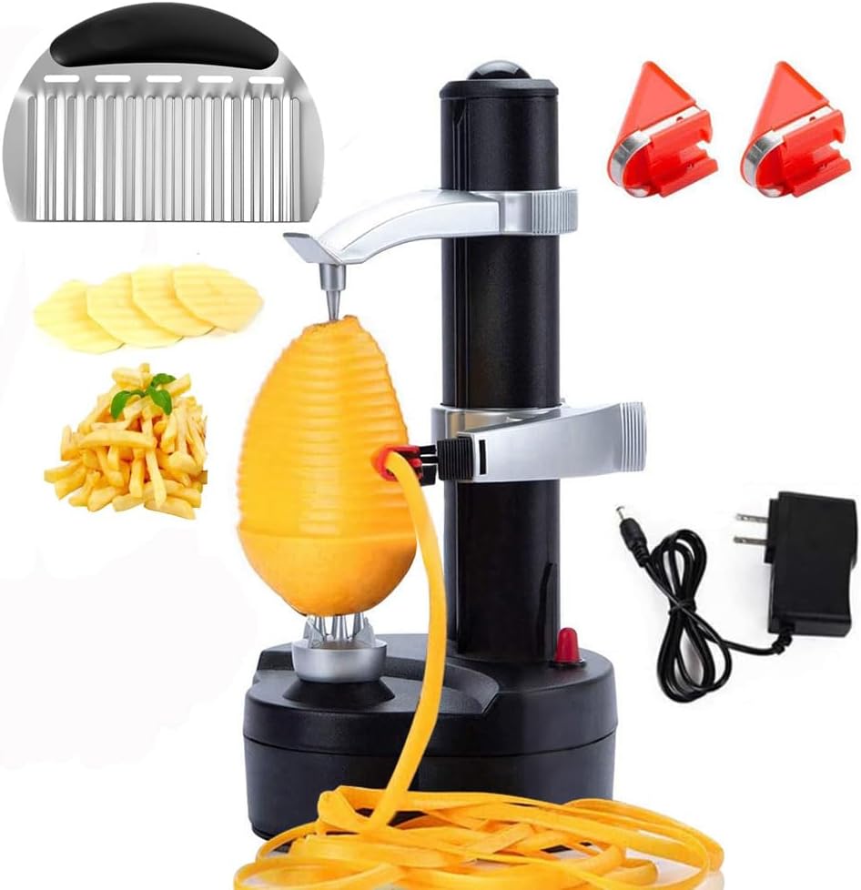 Electric Potato Peeler Automatic Apple Peeler, Smart Vegetable Fruit Peeler, Electric Peeler Machine [1 Adapter 2 Extra Blades] with Potato Cutter (Black-A)