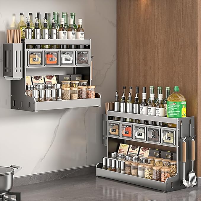 Kitchen Seasoning Shelf Spice Rack Wall Mount with Hooks and Utensil Holder Hanging Seasoning Box Shelf Seasoning Jar Organizer for Sugar Salt Pepper Oil Bottle (5 Boxes)