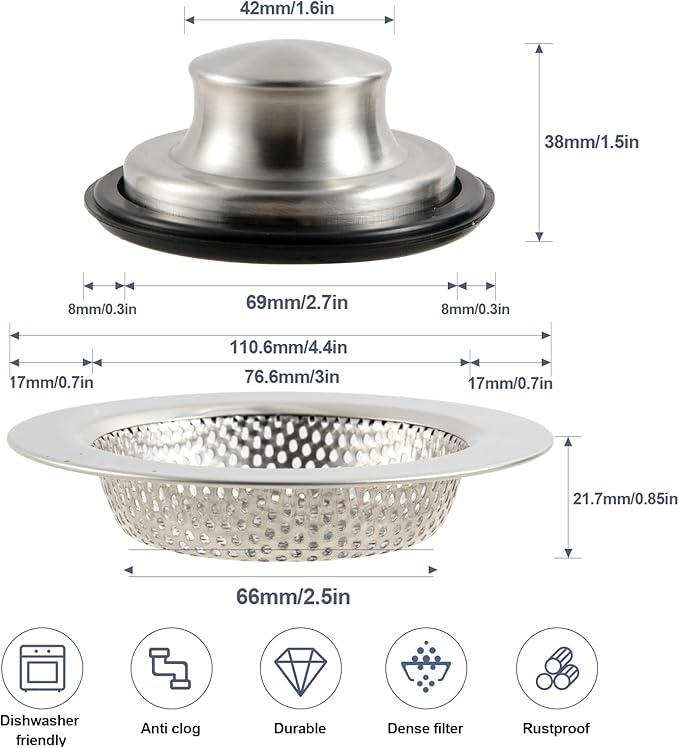 RQYEKDO Kitchen Sink Strainers Sink Stopper Kits, Stainless Steel Sink Drain Strainer Set,Large Wide Rim 4.4" Diameter Food Catcher Garbage Disposal Plug for Most Sink Drains Basket Filter