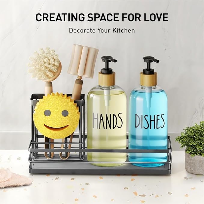 Kitchen Dish Soap Dispenser Set, 16OZ Glass Bottle, Black Tray+Clear Bottle