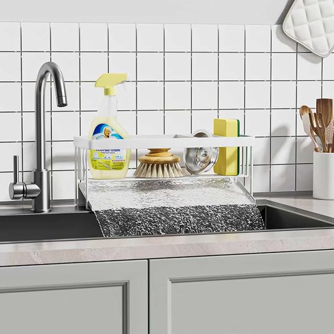 Kitchen Sink Caddy Organzier with Sponge Holder and Removable Drip Tray for Kitchen Sink, 304 Stainless Steel Organize for Sponge Soap Dish Brush Storage Accessories(White)