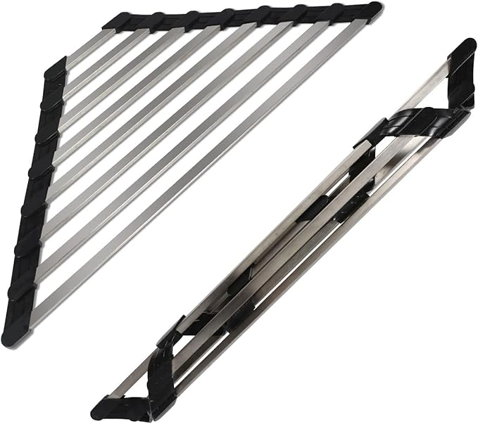 Triangle Dish Drying Rack for Sink Corner Roll Up Dish Drying Rack Folding Stainless Steel Multipurpose Over the Sink Corner Dish Drainer Mat for Kitchen (Hard and Stable Black)
