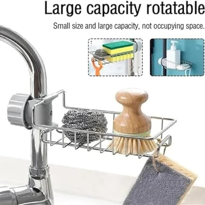 Sponge Holder Over Faucet Kitchen Sink Caddy Organizer, Stainless Steel Hanging Faucet Drain Rack for Soap, Scrubbers & Sponges, Rustproof Chrome Sink Organizer