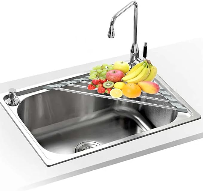 Triangle Dish Drying Rack for Sink Corner Roll Up Folding Stainless Steel Multipurpose Over The Sink Dish Drainer Mat for Kitchen (Grey)