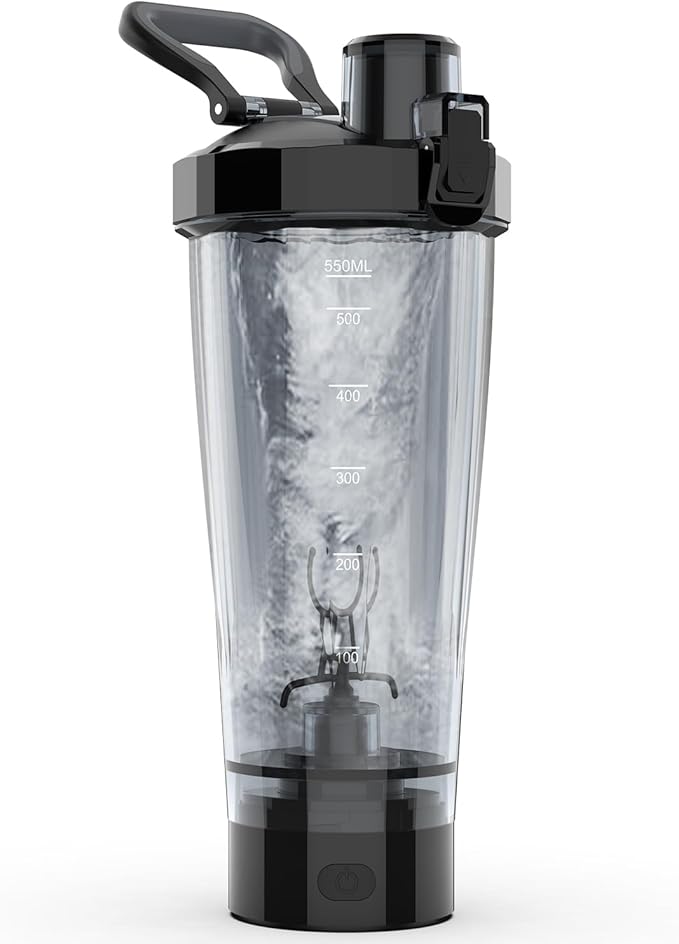 Electric Shaker Bottle, 20 oz Rechargeable Shaker Cup for Protein Mixes and Pre Workout, Portable Gym Protein Blender for Meal Replacement Shakes | Leak-Proof w/Handle | BPA Free (Black)