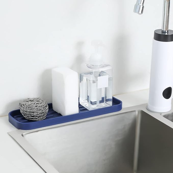 MicoYang Silicone Kitchen Sink Organizer Tray for Multiple Usage,Eco-Friendly Sponges Holder for Kitchen Bathroom Counter or Sink,Dish Soap Dispenser,Scrubber,Bottle,Cup (Navy Blue, 12"×4")