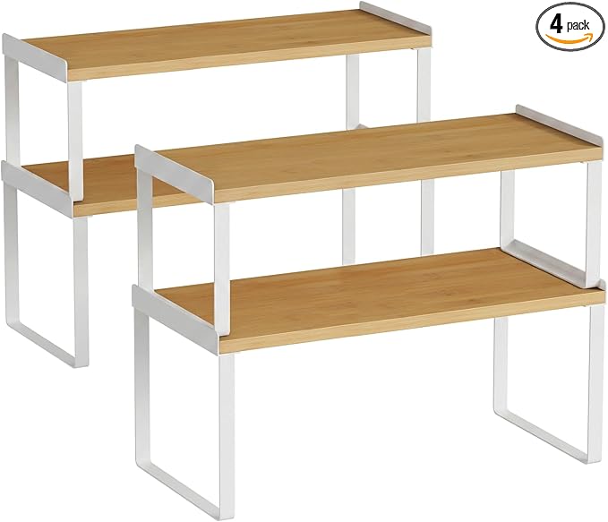 Goozii 4 Pack Stackable Cabinet Shelves Organizer, Shelf Rack with Anti-Fall Lips for Kitchen Pantry Coffee Bar Countertop Storage (Bamboo White)