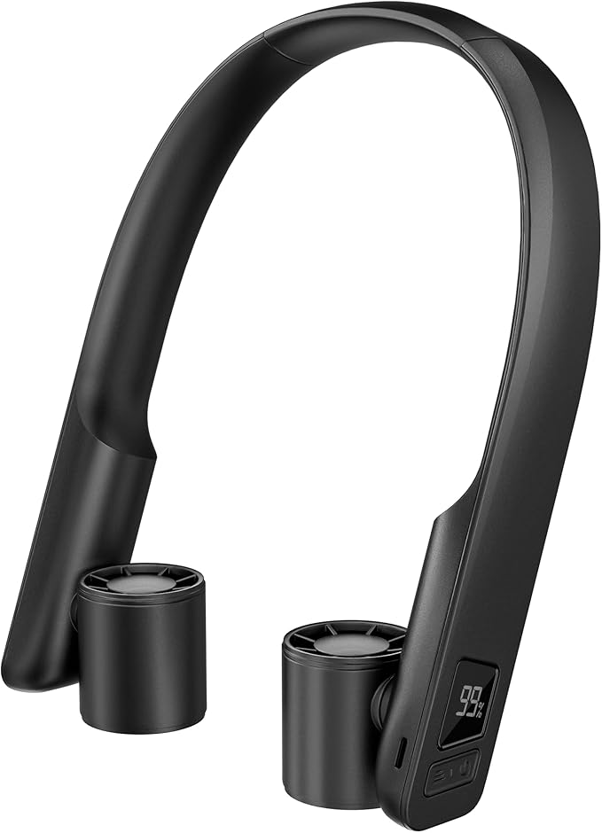 FrSara Portable Neck Fan that Blows Cold Air Rechargeable, Personal Battery Powered Cooling Device with USB TYPE-C, LED Display, Light, 3-Speed, 3000mAh, Ideal Present for Women, Men, Travel, Black
