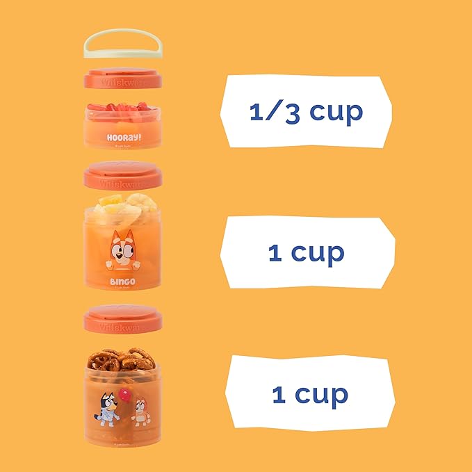 Whiskware Bluey Stackable Snack Containers for Kids and Toddlers, 3 Stackable Snack Cups for School and Travel, Bluey and Bingo, Hooray! (Pack of 1)
