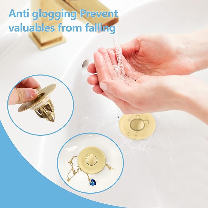 Gold Bathroom Sink Stopper – Pop Up Drain Stopper & Strainer, 2-in-1 Universal Sink Stopper, Compatible with 1.1" to 1.5" Bathroom Sink Drain Pipes, Gold Matte Brushed Finish