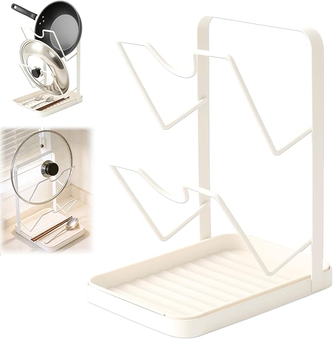 Kitchen Pot Lid Storage Rack,Pot Lid Organizer,Kitchen Pot Lid Holder While Cooking,Space-Saving Lids Racks,Multifunctional Kitchen Pots Lids Organizer for Countertop(Beige)