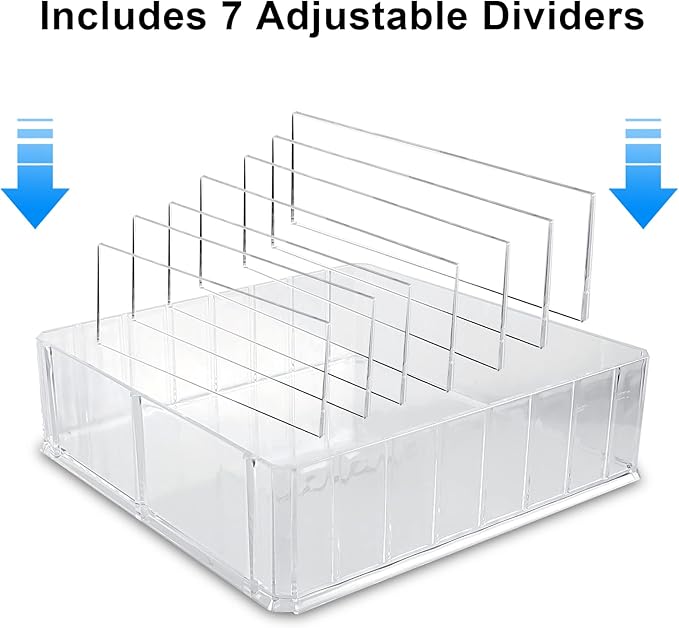 Bawuie Lid Organizer for Food Storage Container, Plastic Lid Holder with 7 Adjustable Dividers for Kitchen Pantry Cabinet and Drawer, Countertop Cupboard Lid Organization, Medium, Clear