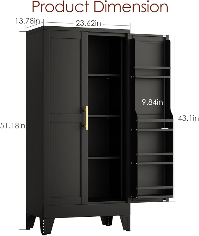 winiowa 51" Metal Kitchen Pantry Storage Cabinet, Pantry Cabinet with Doors and Adjustable Shelves, Steel Storage Cabinet for Kitchen, Dining Room, Living Room-Black