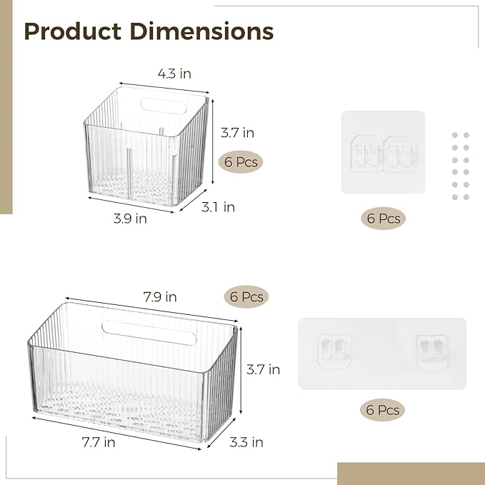 12 Pcs Storage Organizer Bins, Wall-Mounted Storage Baskets with Self-Adhesive Hooks, Clear Plastic Hanging Baskets, Stackable Storage Holders for Bathroom, Kitchen, Refrigerator