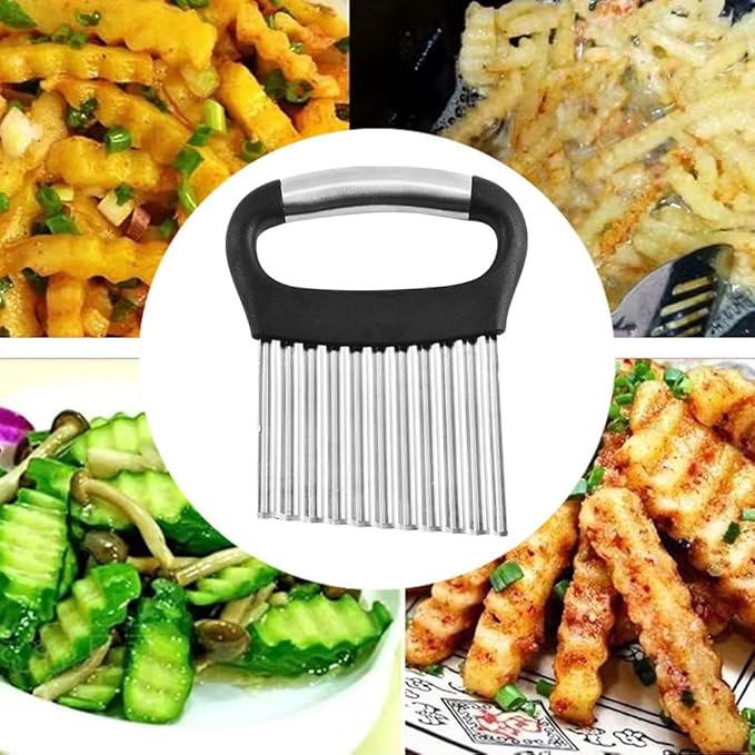 Crinkle Cutter, Stainless Steel French Fry Cutter For Potatoes Cucumbers Carrot, Ergonomic Kitchen Tool Wavy Chopper Waffle Fry Cutter With Handle for Fruits,Vegetables,Salads(Silver+Black)