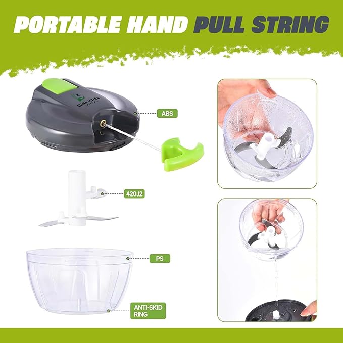Manual Food Chopper, Hand Pull Vegetable Chopper with Stainless Steel Blades, Multi-Function Food Processor for Onion, Garlic, Meat & Fruits