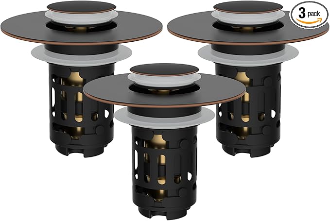 Hibbent 3 Pack Upgraded 3 in 1 Bathroom Sink Drain Strainer, Universal Pop Up Stopper with Removable Stainless Steel Filter Basket Hair Catcher, Sink Plug for 1.1''~2.36'' Basin, Oil-Rubbed Bronze