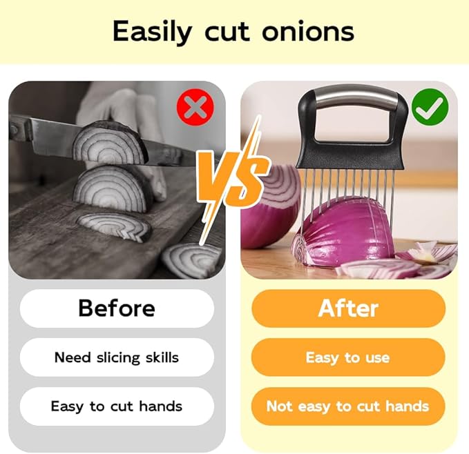Onion Holder for Slicing, 2025 New Stainless Steel Onion Slice Holder Lemon Slicer Vegetable Cutter, Kitchen Chopper Slicing Assistant Tool for Meat, Onion, Potato, Tomato (A-2PCS)