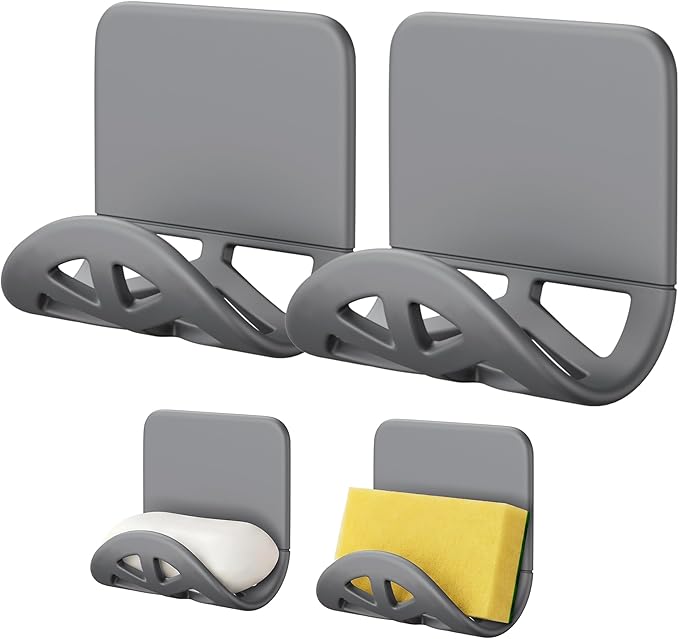 2Pack Sponge Holder for Kitchen Sink, Strong Self-Adhesive Sink Caddy Soap Holder, Silicone Rustproof for Sponges, Brushes, Stoppers, Razo, Flexible-2.9" x 4.92" (Grey)