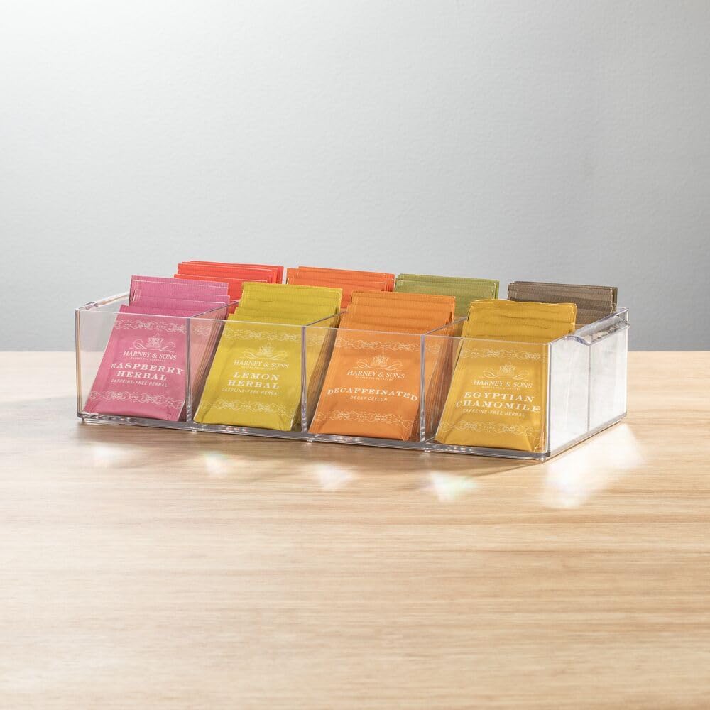 Plastic Condiment Organizer and Tea Bag Holder - 8-Compartment Kitchen Pantry/Countertop Storage Caddy - Divided Chip, Snack, Oatmeal Packet Holder - Lumiere Collection - 2 Pack, Clear