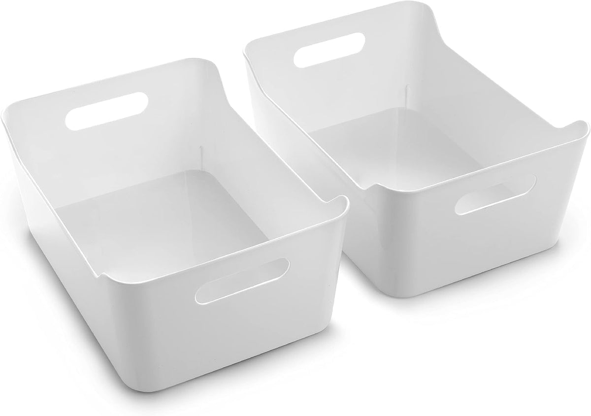 Plastic Storage Bins, Large - 2 Pack, White | THE SOHO COLLECTION | Pantry Organizers and Storage Containers Fridge Organizer Bins Kitchen Cabinet Organizer Medicine Cabinet Bin