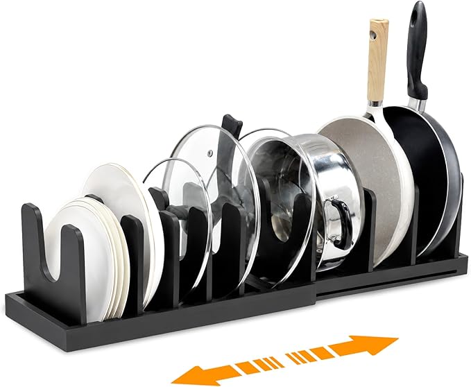 MinBoo Bamboo Expandable Pot Lid Organizer, Pot and Pan Organizer Drawer Organizer for Pot Lids, Adjustable 10 U-Shaped Dividers for Kitchen Cabinet Organizers and Storage,Black