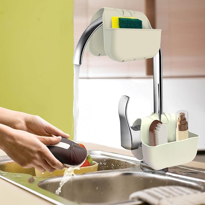 Sponge Holder for Kitchen Sink, Silicone Sink Saddle Caddy Organizer Rack, Sponges Holder Over Faucet, Hanging Kitchen Organizer Accessories Rack Basket Beige