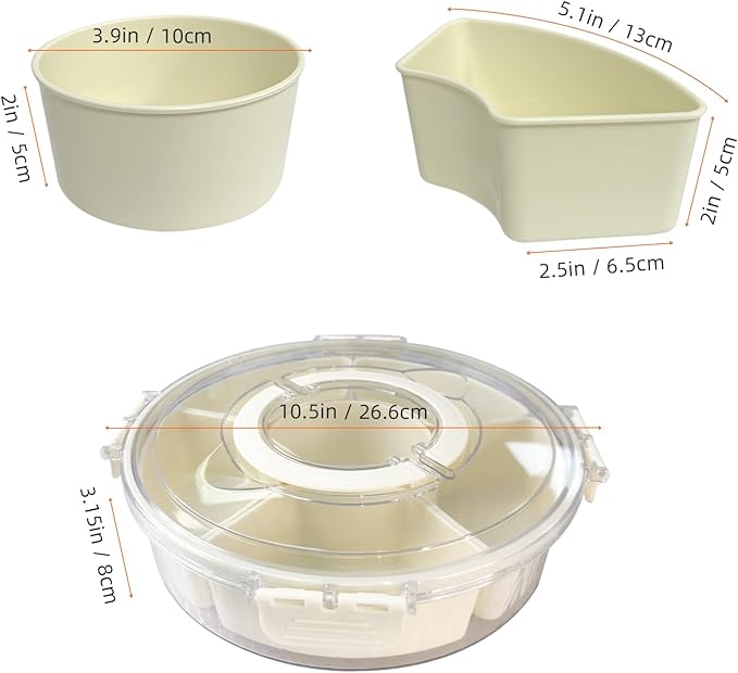 Small Divided Serving Tray with Lid and Handle, Stackable Snackle Box Container for Fruits Candy Organizer, Portable Spinning Rounded Veggie Tray for Kitchen, Party, Trave and Picnic-2 Pack