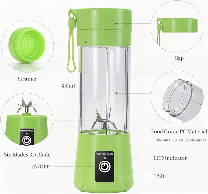 Portable Blender Cup, Electric USB Mini Juicer Blender for Shakes and Smoothies, 380ml, 6 Stainless Steel Blades, Rechargeable, Lightweight, Black, Ideal for Travel & Gym (Green)