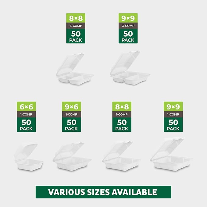 Freshware Clamshell Food Containers with Lids [9x6 50-Pack] Disposable To Go Containers, Biodegradable Sugarcane To Go Boxes - Paper Container - Microwave & Freezer Safe, Stackable