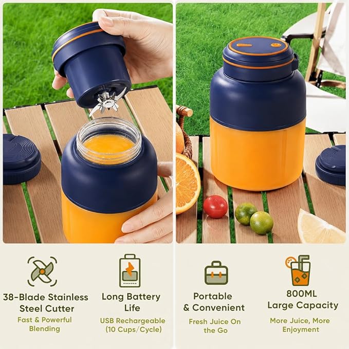 Portable Wireless Juicer Cup 38 Blades, 1300 ml Portable Electric Blender for Smoothies & Shakes, Large Capacity USB Juicer Cup for Fruit Juice, Protein Drinks, Travel, Gym & Camping (Blue)