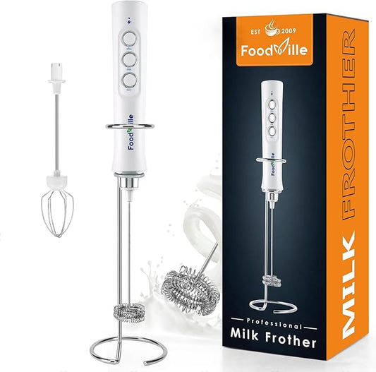 FoodVille MF02 Rechargeable Milk Frother Handheld Foam Maker with Stainless Whisk for Cappuccino, Latte, Bulletproof Coffee, Keto Diet, Protein Powder, Matcha (Pure White)