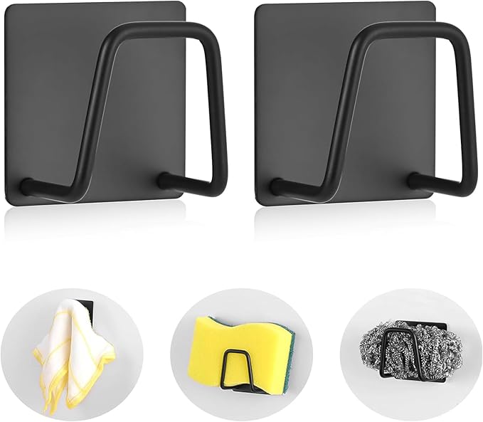 Luckyiren Adhesive Sponge Holder for Kitchen Sink, SUS304 Stainless Steel Scrubber Hanger Caddy Accessories Storage Rack Stand for Scratch Scrub Dishcloth Dishrag Exfoliator Strainer Stopper