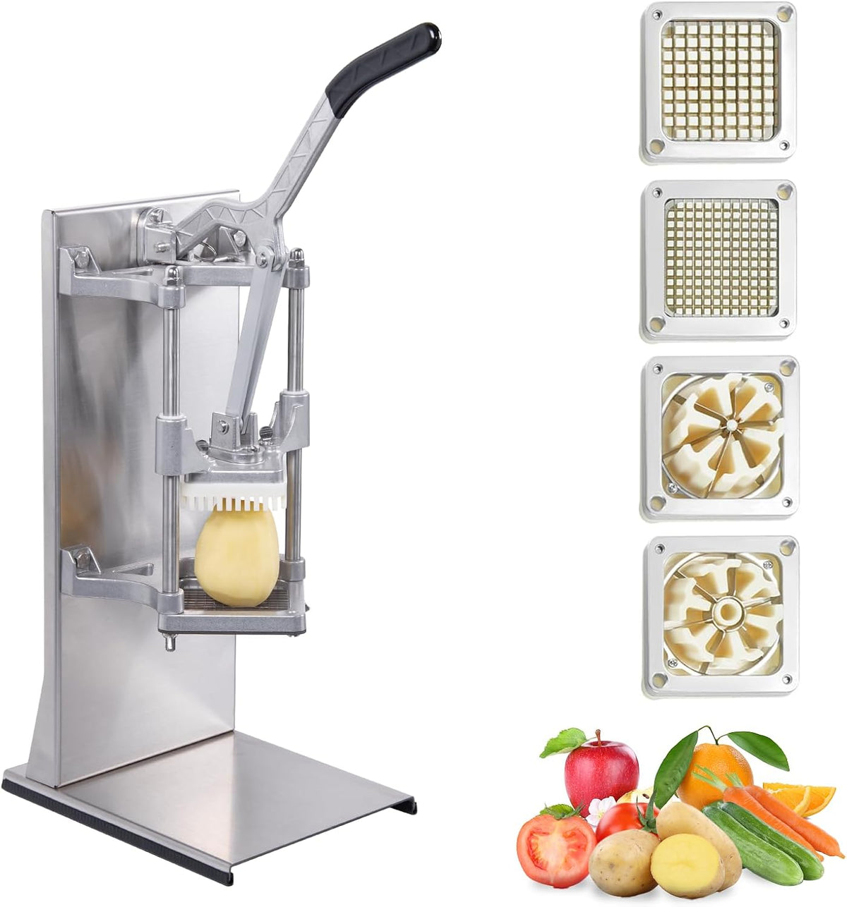Commercial French Fry Cutter with 4 Size Blades, Stainless Steel 1/4″ 3/8″ 6 Wedges 6 Wedges to Core Chopper, Manual Potato Apple Lemon Slicer Cutting for Restaurant Home Kitchen, Sliver