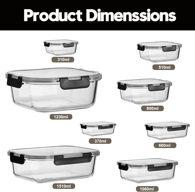 Wells Glass Meal Prep Containers, 8 Pack Glass Food Storage Containers Set with Airtight Locking Lids for Lunch, Fridge, Freezer, Dishwasher Safe, BPA-Free, Clear