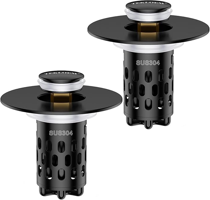 Bathroom Sink Drain Strainer,All Metal Pop-Up Sink Stopper with Removable Stainless Steel Filter Basket, Universal Bathroom Hair Catcher Fit for 1.1-2.36'' Drain (Black, 2 Pack)