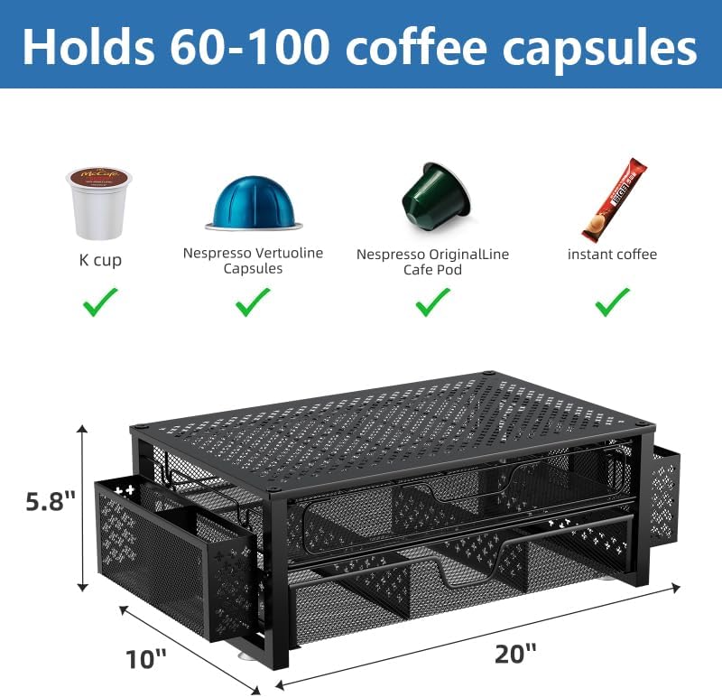Coffee Pod Holder for K Cups, with 2 Tier Slidng Storage Drawer and Coffee Accessories Holder, 63 Large or 80 Small Capsule Organizer, Black