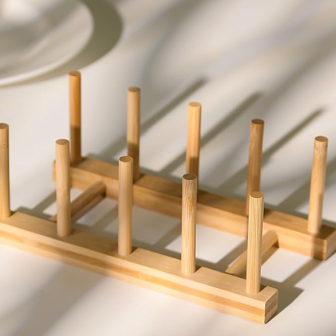 Bamboo Wooden Dish Rack, Plate Organizer for Cabinet Space Saver and Kitchen Counter, Bowl/Cup/Pot Lid/Cutting Board Drying Holder (4 Slots)