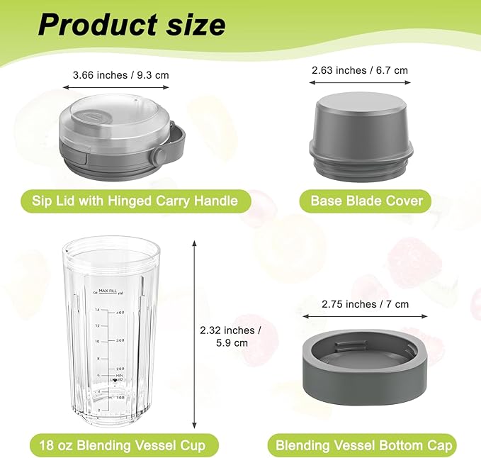 18 oz Vessel Cup Compatible with Ninja Blast Portable Blender, Accessories Sip Lid with Carry Handle, Bottom Cap and Blade Cover Fits for BC150/ BC100 Series Blender (Gray)