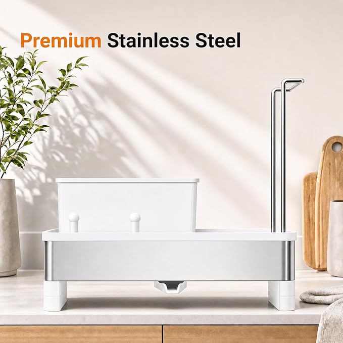 Laveshop Sponge Holder for Kitchen Sink, Rustproof Stainless Steel Sink Caddy with Auto-Drain, Removable Brush Holders, Soap and Dishcloth Organizer, White
