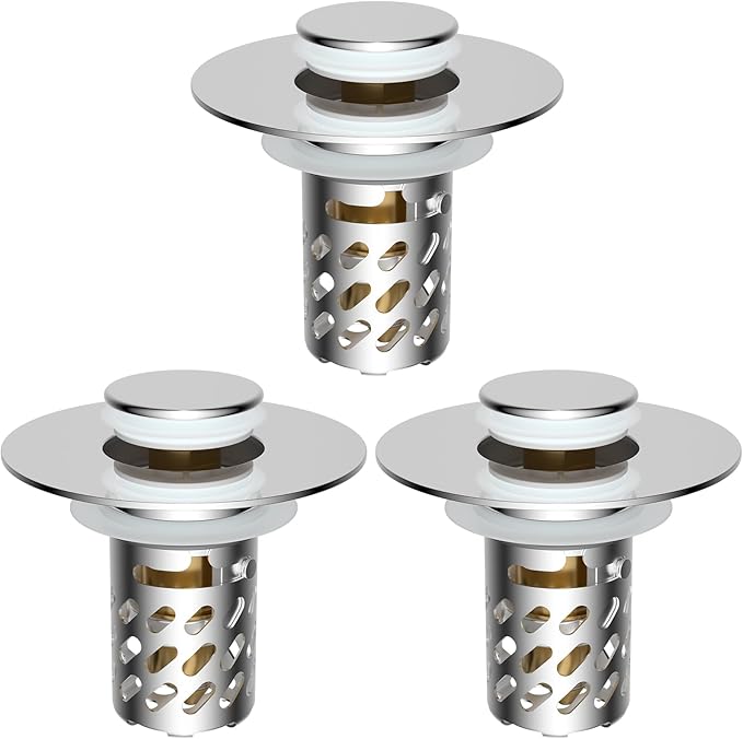 iFealClear 3 Pack All Metal Bathroom Sink Stopper, Pop Up Sink Drain Strainer with Removable Stainless Steel Filter Basket, Universal for 1.1"-2.36" Sink, Brass Bounce Core, Hair Catcher, Chrome